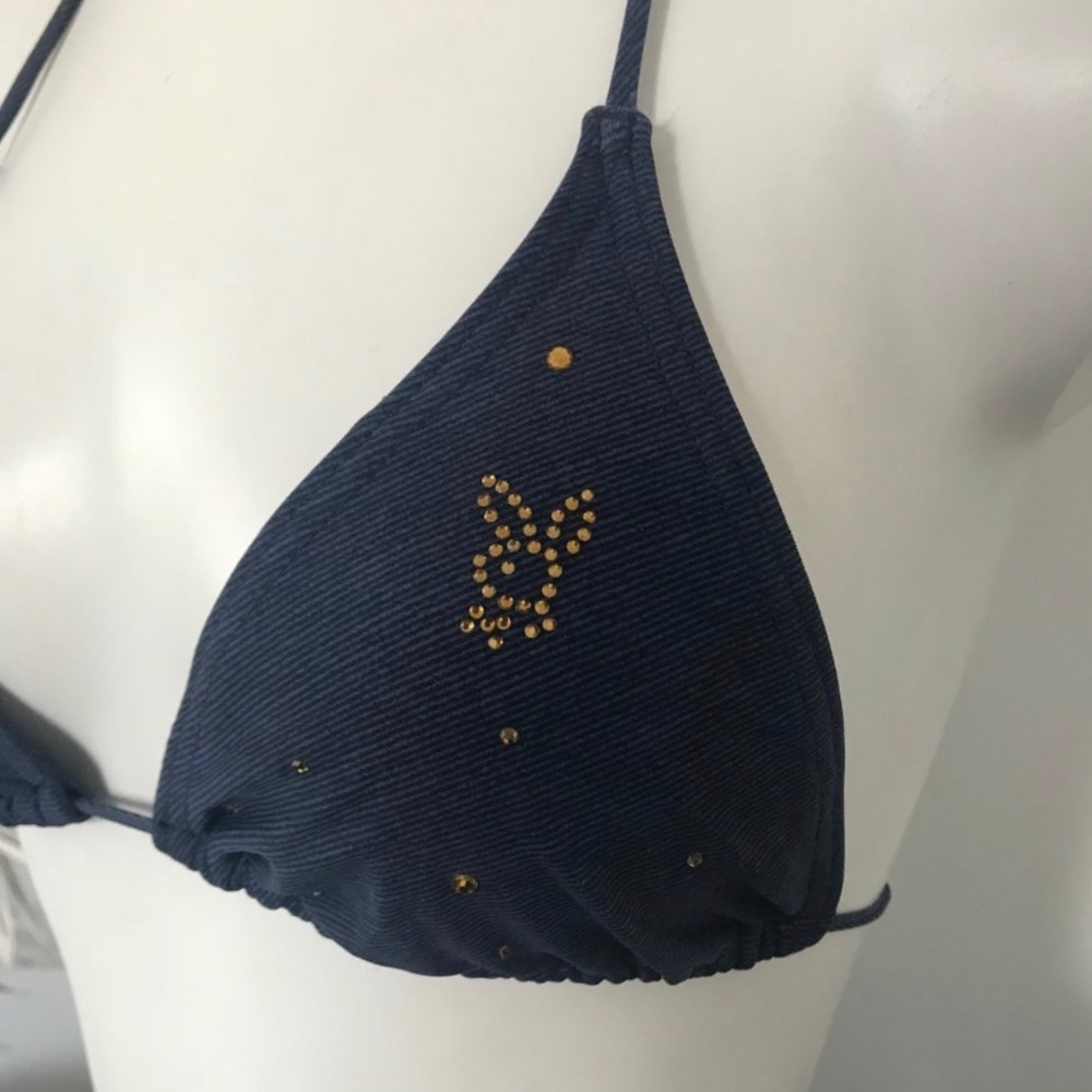 Playboy navy gold rhinestone logo triangle swimsuit top